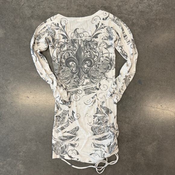 Vintage Y2k Mcbling Rhinestone White Cross Longsleeve Scrunch Tie Mini Dress S - Picture 2 of 6